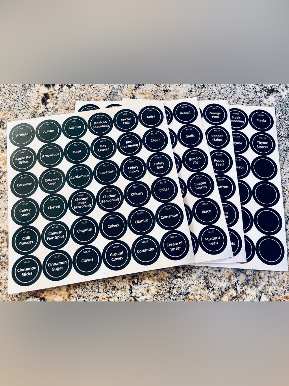 Black Circular Spice Pantry Label Sheets for Organization 125 Labels + Blank